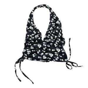 NWT Romwe Floral Halter Bikini Swim Top Black White Tie Back Size Small